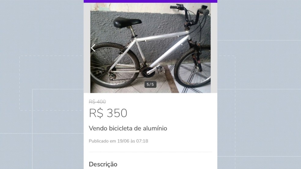 Bicicleta furtada estava sendo vendida a R$ 350 na internet  — Foto: Reprodução/TV Gazeta