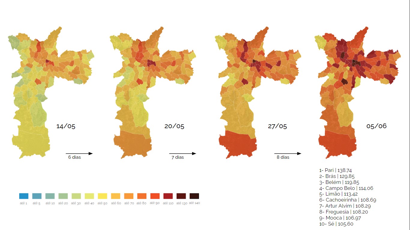Número de óbitos por Covid-19 a cada 100 mil habitantes nos bairros de São Paulo (Foto: Instituto Pólis)