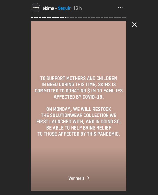 O post de Kim Kardashian anunciando sua doação de US$ 1 milhão para as vítimas do coronavírus (Foto: Instagram)