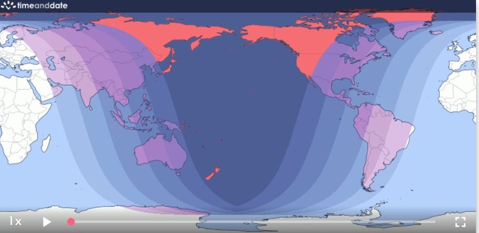 O tom mais escuro de vermelho no mapa mostra onde o eclipse lunar total é visível do início ao fim, se o clima permitir. Nas áreas roxas, toda a totalidade e parte do eclipse lunar parcial são visíveis. Nas áreas sombreadas mais claras, apenas as fases parciais e/ou penumbrais são visíveis — Foto: Time and Date 