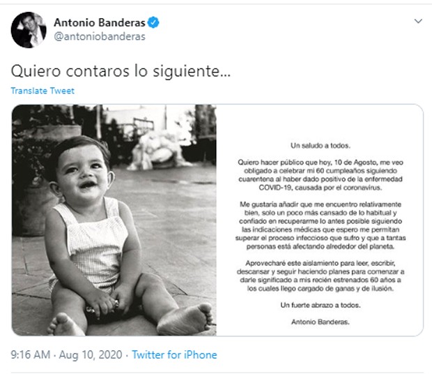 Publicação de Antonio Banderas (Foto: Reprodução/Twitter)