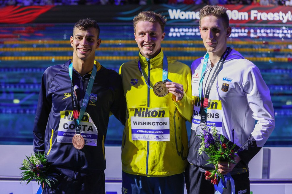 Guilherme Costa no pódio dos 400m livre do Mundial — Foto: Tom Pennington /Getty Images