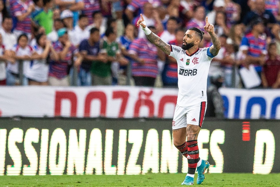 Gabigol comemora gol no Castel&atilde;o contra o Fortaleza  &mdash; Foto: Thiago Gadelha / SVM