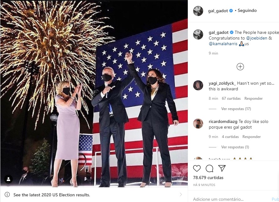Gal Gadot comemora vitória de Joe Biden e Kamala Harris (Foto: Reprodução Instagram)