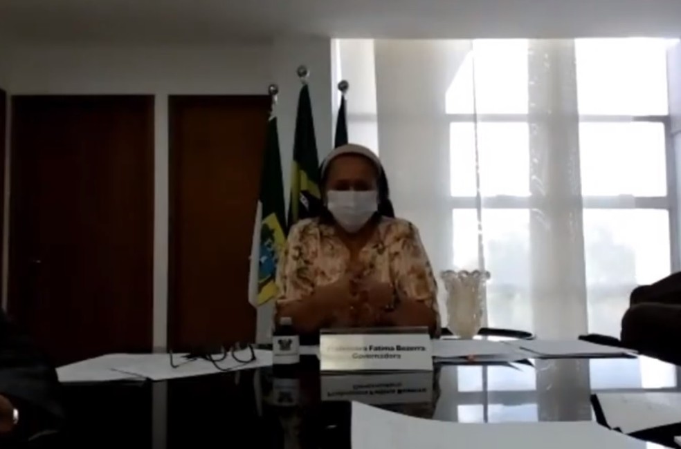 Fátima Bezerra (PT) na audiência de conciliação — Foto: Reprodução