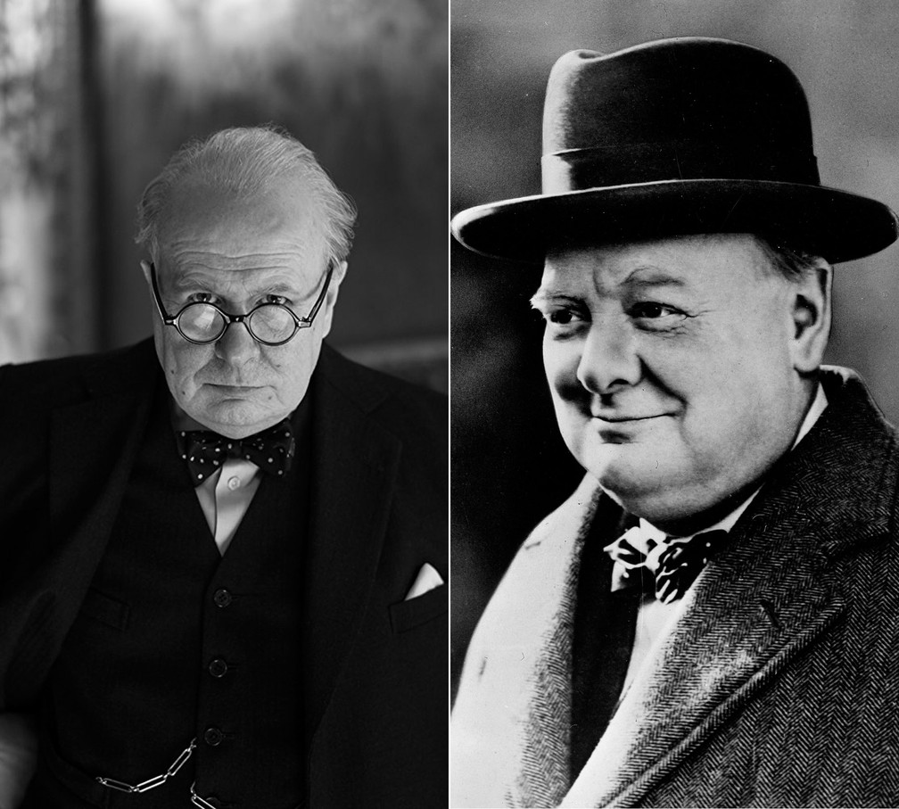 À esquerda, o ator Gary Oldman como Winston Churchill em 'O destino de uma nação'; à direita, o próprio Winston Churchill (Foto: Viollet Lap/AFP/Arquivo)