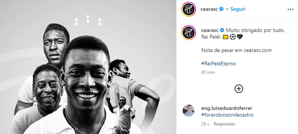 O time Ceará Sporting Club lamentou a morte de Pelé — Foto: Reprodução