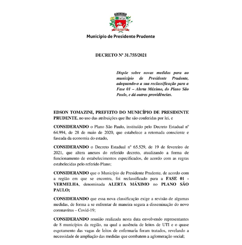 Decreto fase vermelha Presidente Prudente 1 — Foto: Reprodução