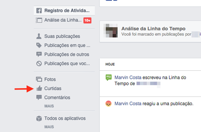 Acessando todas as curtidas de um perfil do Facebook através do registro de atividades (Foto: Reprodução/Marvin Costa)
