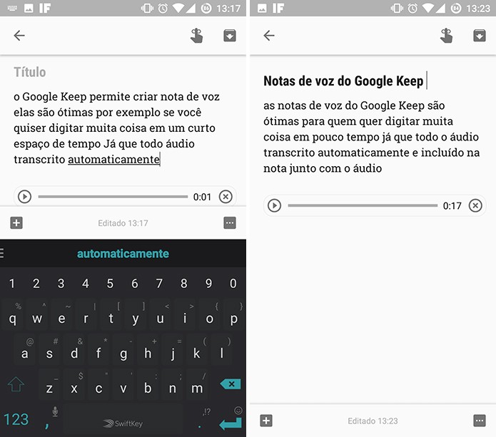 Google Keep transcreve a nota de voz e adiciona player com o áudio (Foto: Reprodução/Elson de Souza)