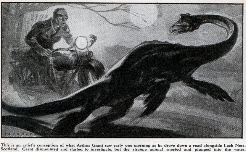 Ilustração da suposta visão do monstro do Lago Ness por Arthur Grant em janeiro de 1934 (Foto: Wikipedia/ Saunders/ Wikimedia Commons)