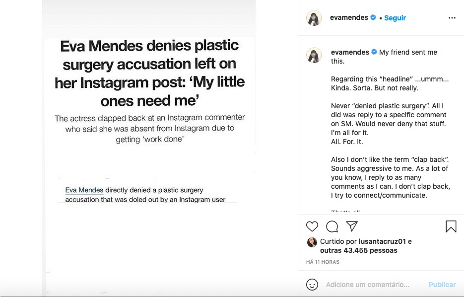 O post de Eva Mendes no qual ele critica a forma como foi noticiada a resposta dela a um seguidor e com ela se posicionando a favor de cirurgias plásticas (Foto: Instagram)