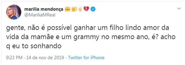 Marilia Mendonça celebra Grammy Lartino (Foto: Reprodução/Twitter)