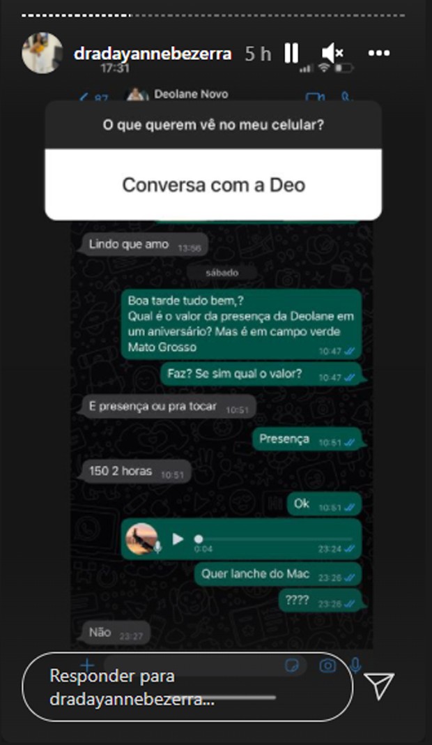 Irmã de Deolane Bezerra posta conversa e entrega valor cobrado pela advogada por presença em evento (Foto: Reprodução/Instagram)