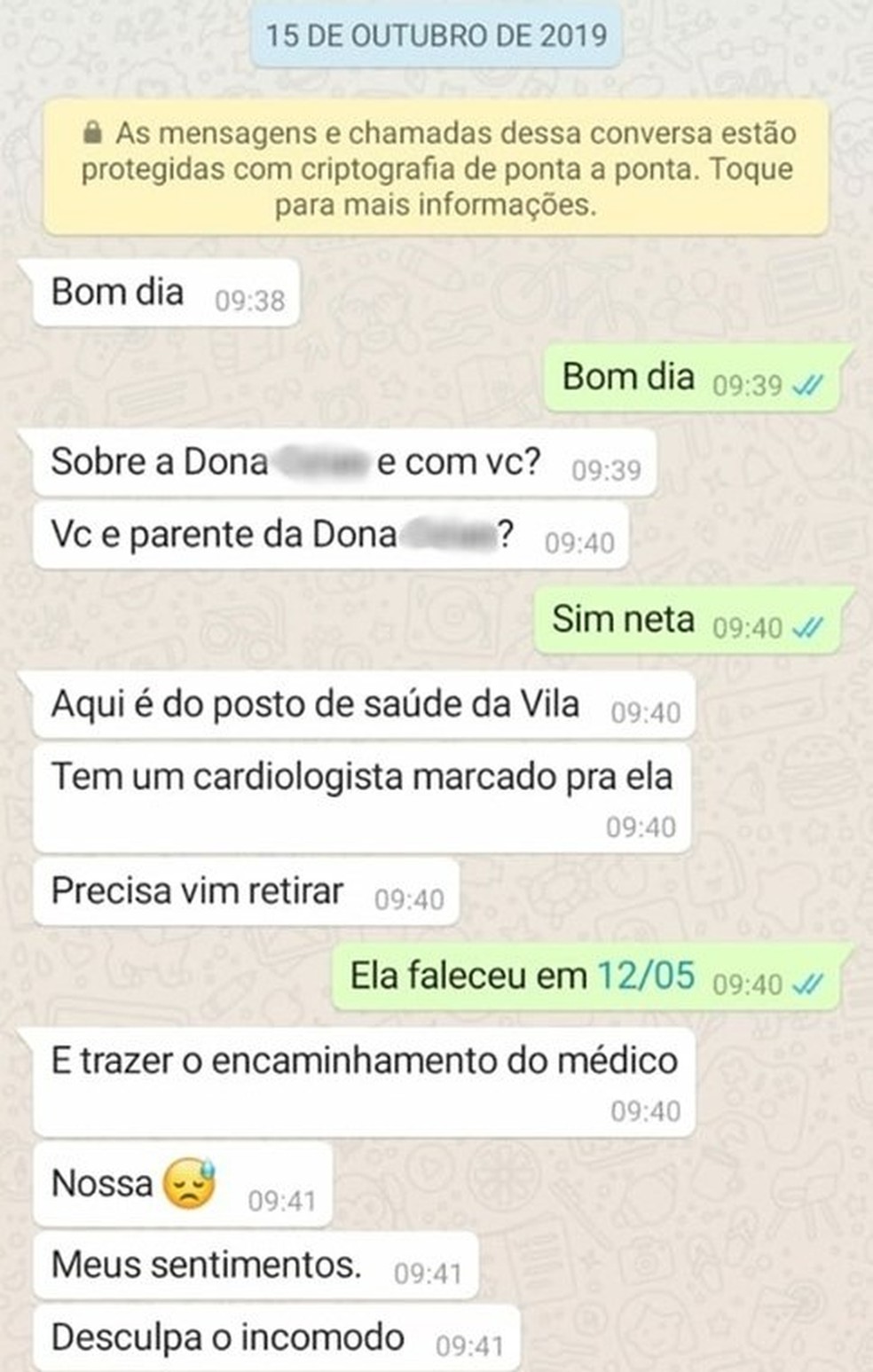 Funcionários de unidade de saúde de São Vicente, SP, marcam consulta para idosa falecida em SP — Foto: Arquivo Pessoal/Maria Luiza Belarmino 
