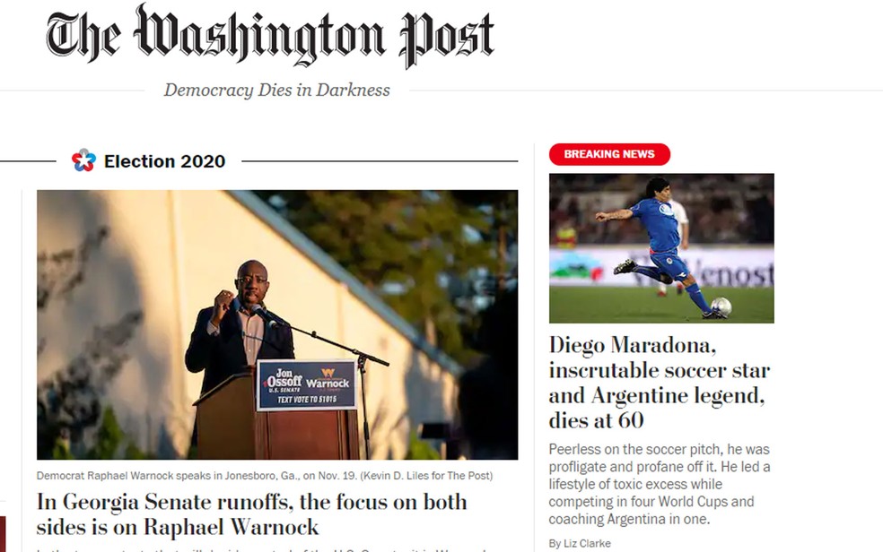 The Washington Post, nos EUA, noticiou a morte de Maradona — Foto: Reprodução/The Washington Post