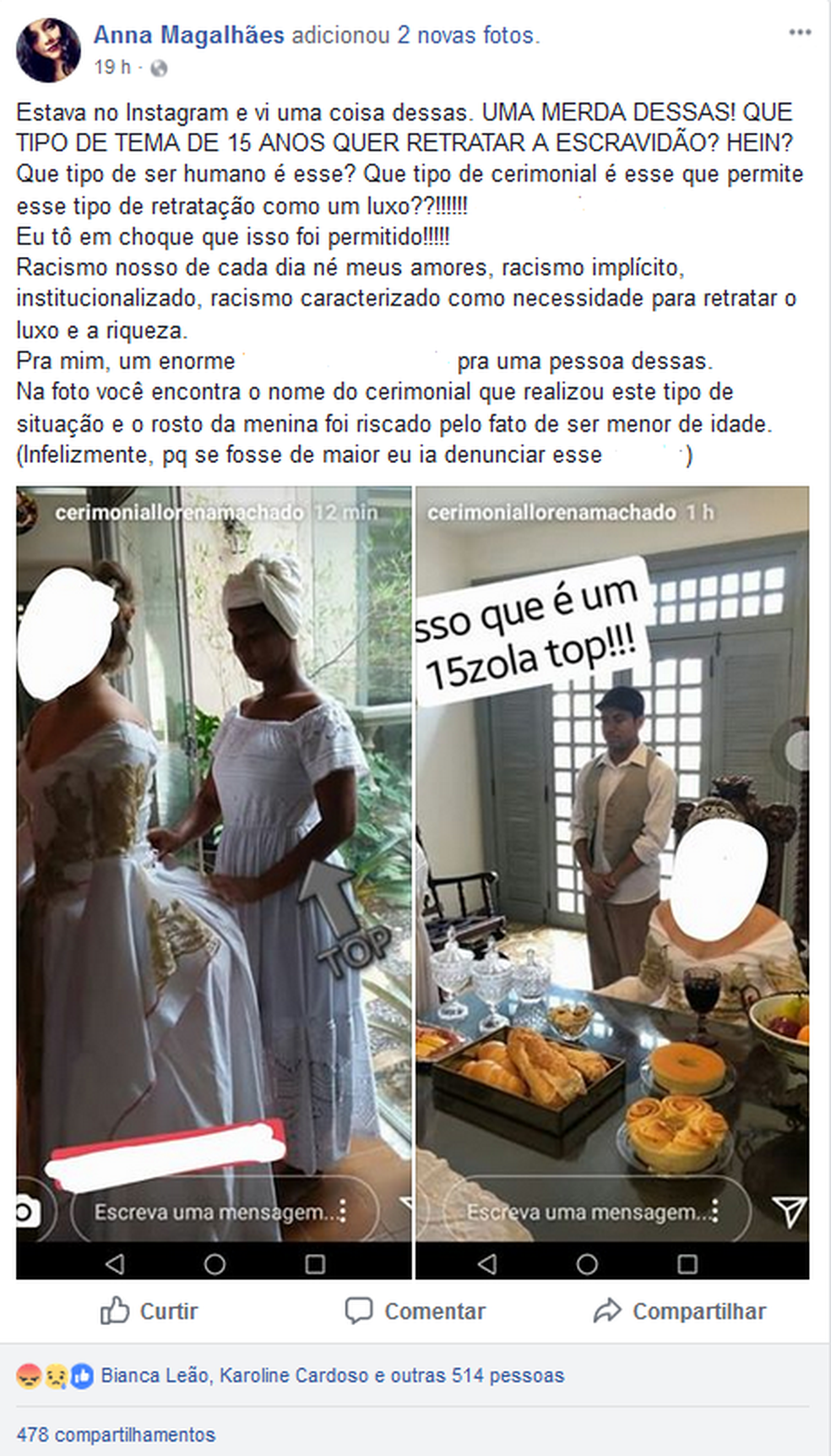 PublicaÃ§Ã£o mostra as imagens onde negros aparecem servindo a debutante. (Foto: ReproduÃ§Ã£o / Facebook)