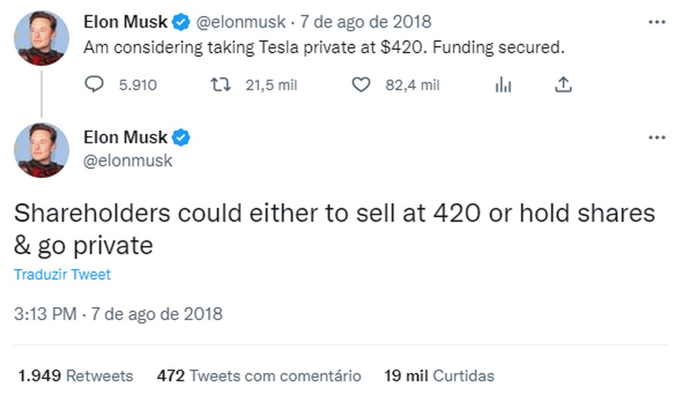 Em 7 de agosto de 2018, Musk disse que estava considerando tirar a Tesla da bolsa de valores e recomprar as ações por um valor bem acima do que elas eram negociadas — Foto: Reprodução/Twitter