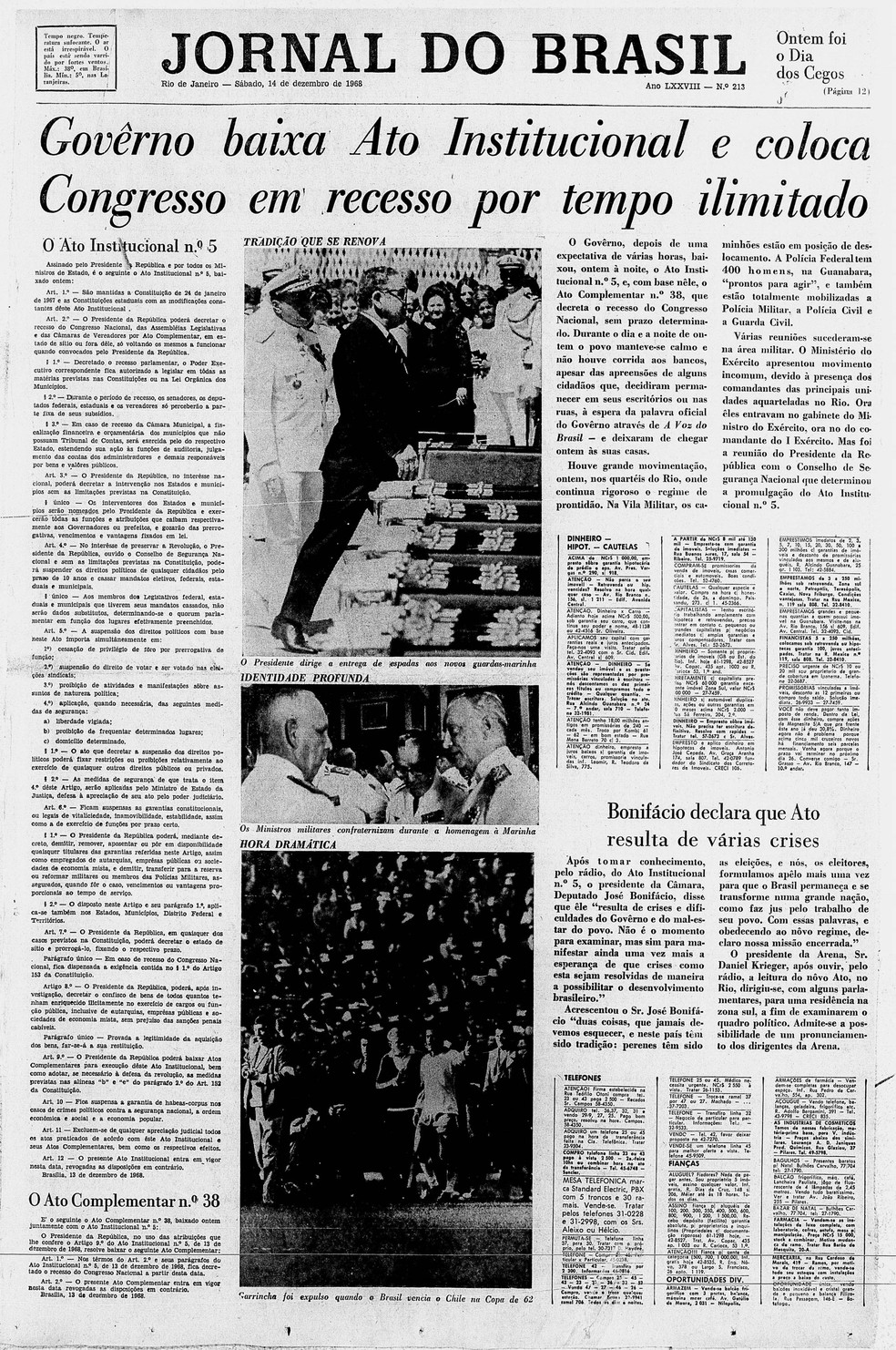 Capa do 'Jornal do Brasil' de 14 de dezembro de 1968 manchetou o momento em que o governo baixou o AI5 (Foto: Jornal do Brasil/CPDoc JB)