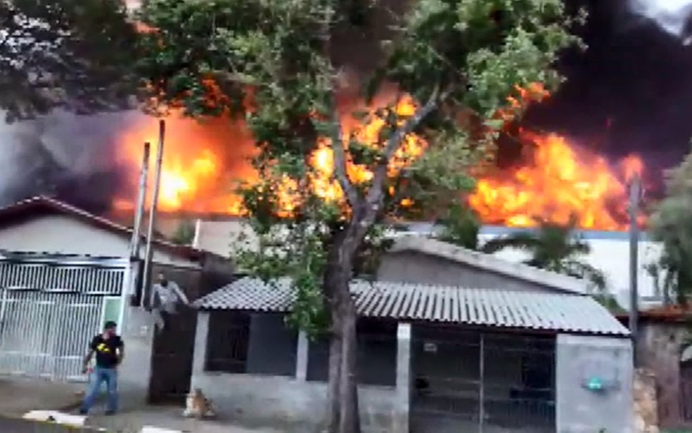 Fogo na EMS quase atingiu casas que ficam próximas à indústria, em Hortolândia — Foto: Reprodução/TV Globo