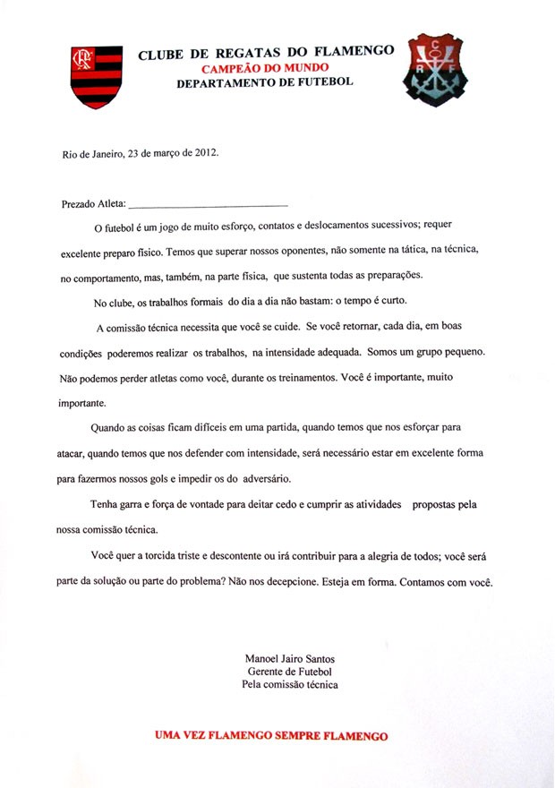 carta Flamengo jogadores recomendações (Foto: Reprodução)