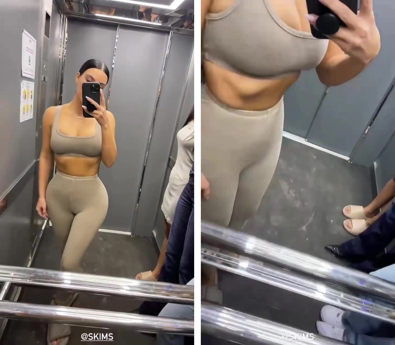 Kim Kardashian grava vídeo enquanto pessoas aparecem coladas à lateral do elevador (Foto: Reprodução / Instagram)
