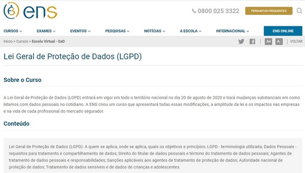 Site do ENS oferece curso de LGPD grátis e dá certificado de conclusão — Foto: Reprodução/Raquel Freire