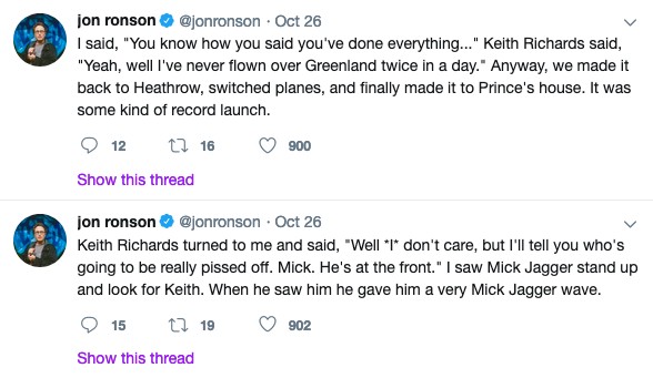 O relato do escritor Jon Ronson sobre o drama que sofreu dentro de um avião na companhia de Mick Jagger e Keith Richards (Foto: Twitter)