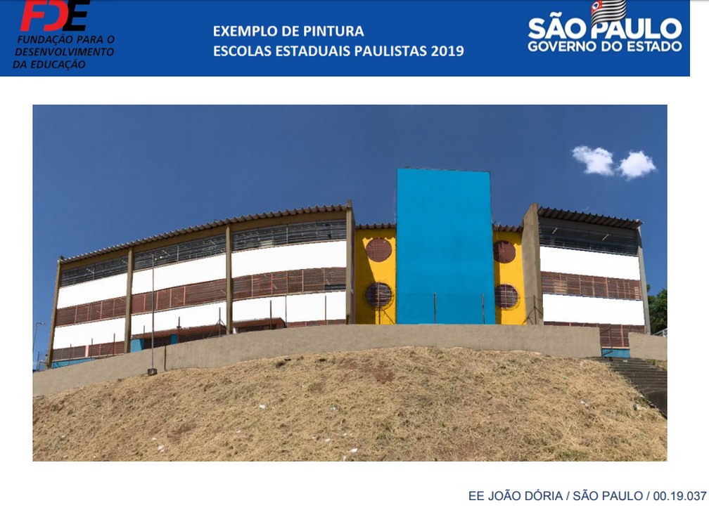Exemplo de pintura para as escolas estaduais de SP: destaque para as cores azul e amarelo &mdash; Foto: Reprodu&ccedil;&atilde;o/Governo de SP