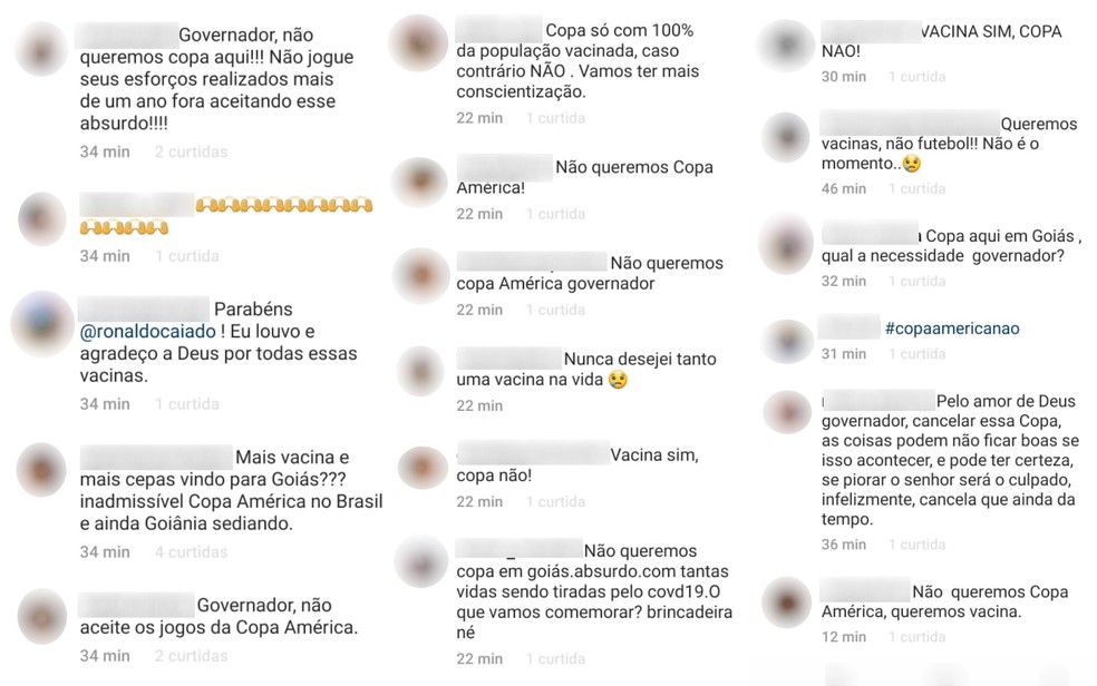 Críticas postadas por internautas sobre a comunicação do governo goiano de sediar a Copa América — Foto: Reprodução/Instagram