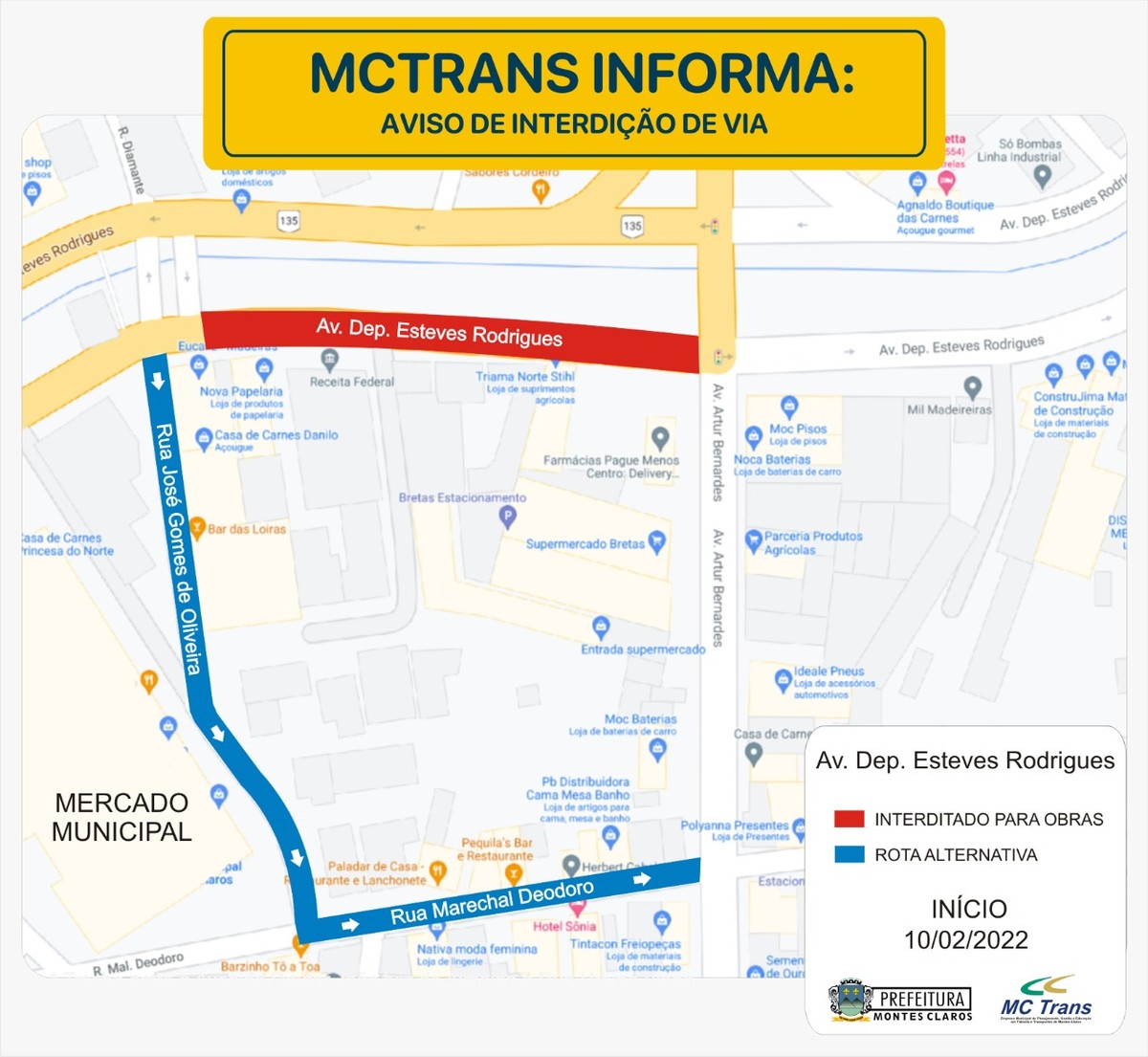 Trecho da Avenida Deputado Esteves Rodrigues, em Montes Claros, é interditado para obras
