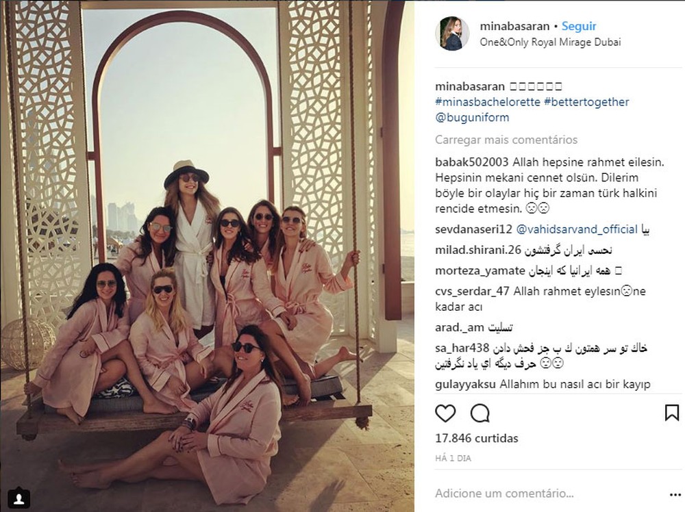 Foto que foi postada no Instagram de Mina Basaran mostra ela e amigas em hotel de luxo em Dubai com a legenda #minasbachelorette (despedida de solteira da Mina). Mídia turca diz que amigas eram as passageiras de jato que caiu neste domingo (11) no sudoeste do Irã (Foto: Reprodução/Instagram/Mina Basaran)