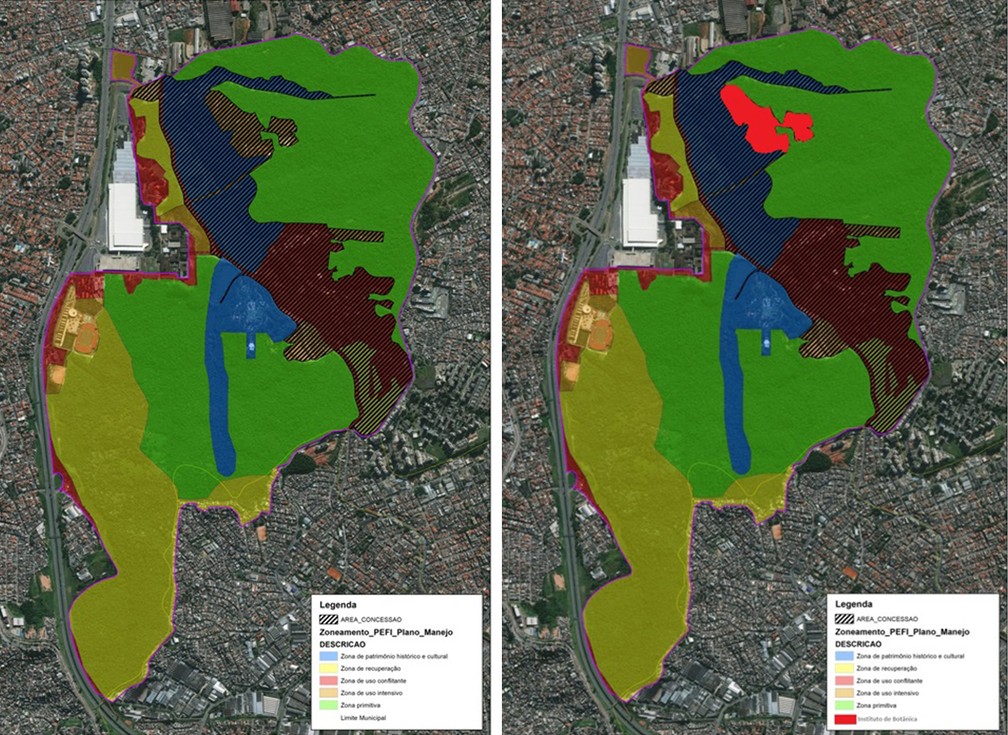 À esquerda a área de concessão dos parques proposta no projeto de Doria. À direta está a proposta feita pelos pesquisadores, com a exclusão do Instituto de Botânica (em vermelho) — Foto: Montagem G1 