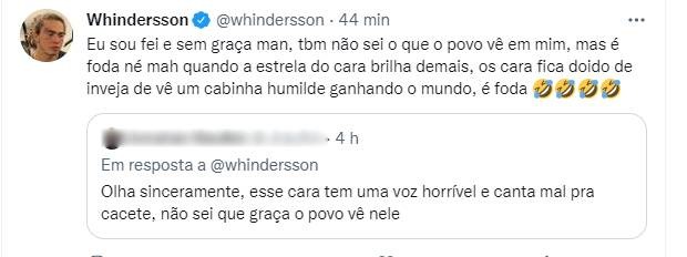 Whindersson Nunes rebate crítica (Foto: Reprodução/Twitter)