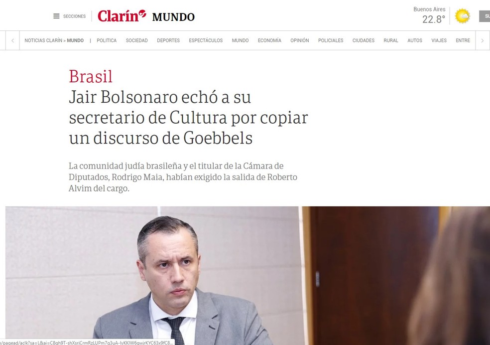 Clarín, da Argentina, noticiou o discurso de Roberto Alvim e sua demissão — Foto: Reprodução