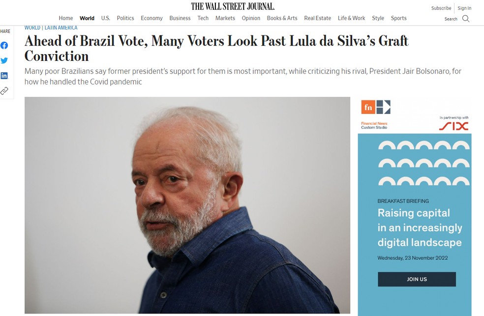 Texto do Wall Street Journal sobre as eleições brasileiras — Foto: Reprodução/The Wall Street Journal