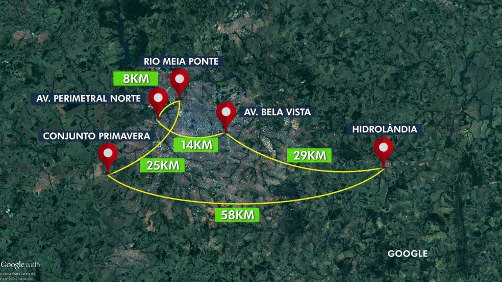 Distância entre locais onde as cabeças e corpos foram encontrados na Grande Goiânia, em Goiás — Foto: CGA/TV Anhanguera