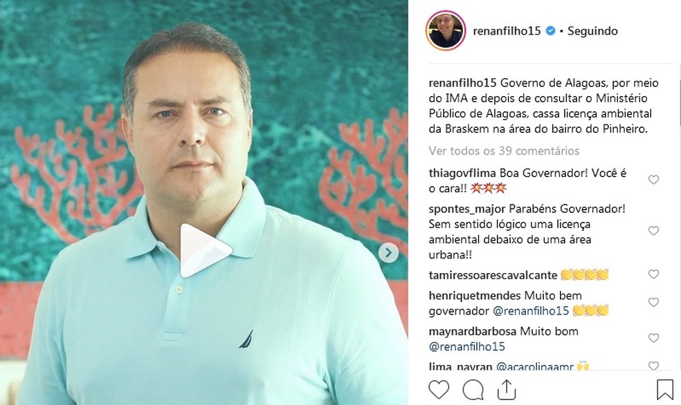 Renan Filho suspende linceças ambientais da Braskem no Pinheiro — Foto: Reprodução/Instagram