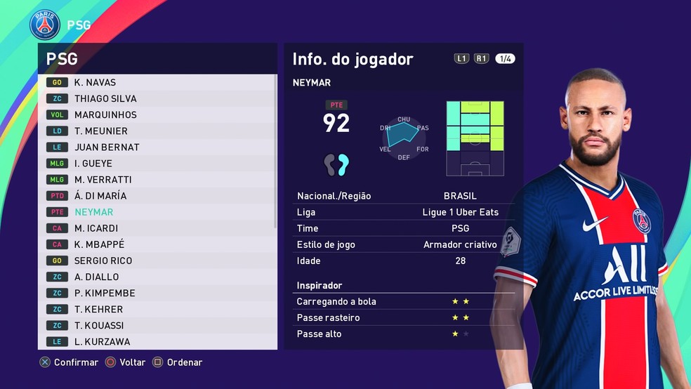 Neymar tem nível 92 no PES 2021 — Foto: Reprodução/Yuri Hildebrand