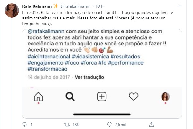 Perfil oficial de Rafa Kalimann fala sobre ela ter coach (Foto: Reprodução/Twitter)