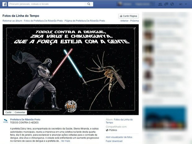 No Facebook, Prefeitura de Ribeirão Preto comparou mosquito da dengue a cavaleiro Jedi (Foto: Reprodução/Facebook)