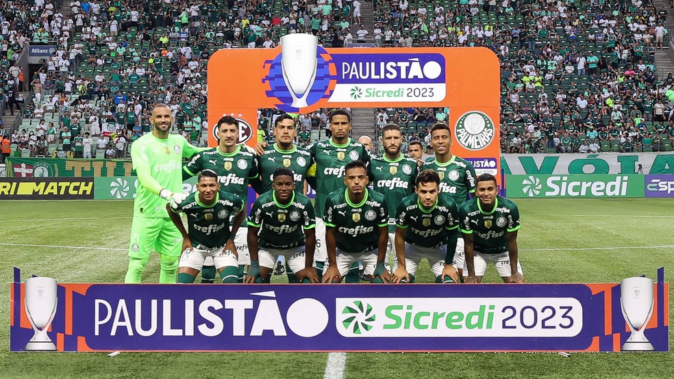 time do Palmeiras posando para foto em um dos jogos do Campeonato Paulista — Foto: Cesar Greco / Palmeiras