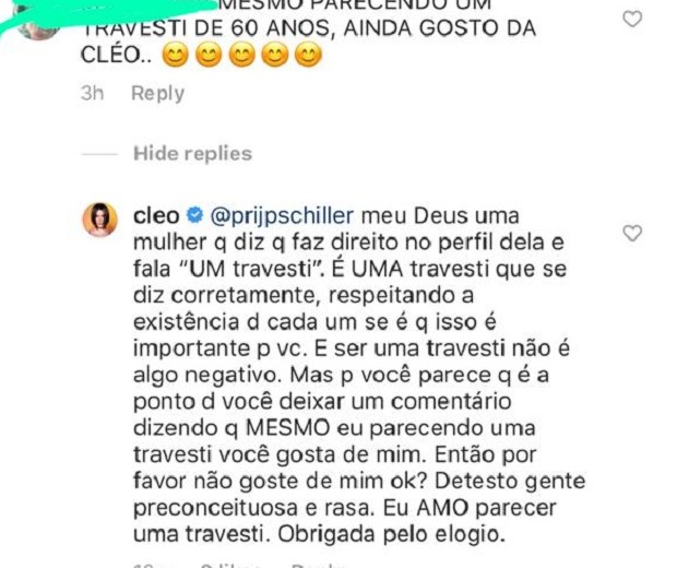 Comentário nas redes de Cleo (Foto: Reprodução/Instagram)