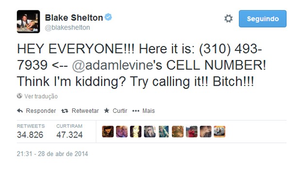 Post de Blake Shelton com suposto número de Adam Levine (Foto: Reprodução/Twitter)