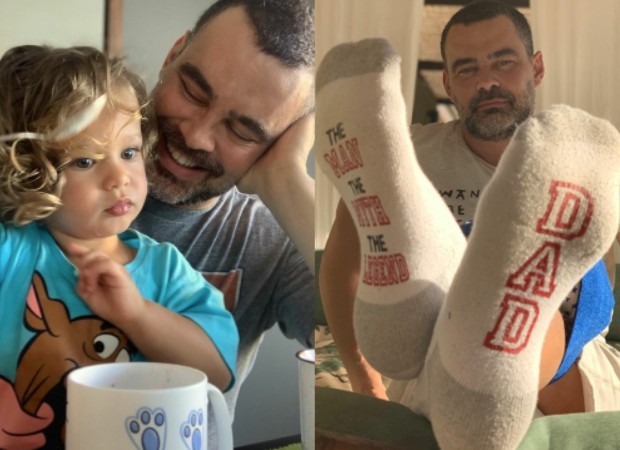 Carmo Dalla Vecchia com o filho, Pedro, e usando meias com brincadeira sobre paternidade  (Foto: Reprodução / Instagram )