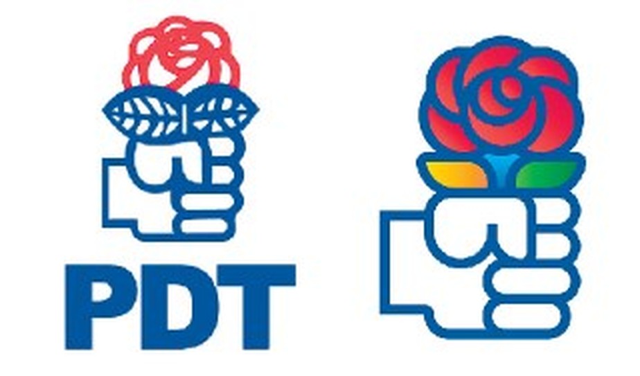 Colorida. A logomarca do PDT, símbolo do brizolismo (à esq.), ao lado da nova rosa