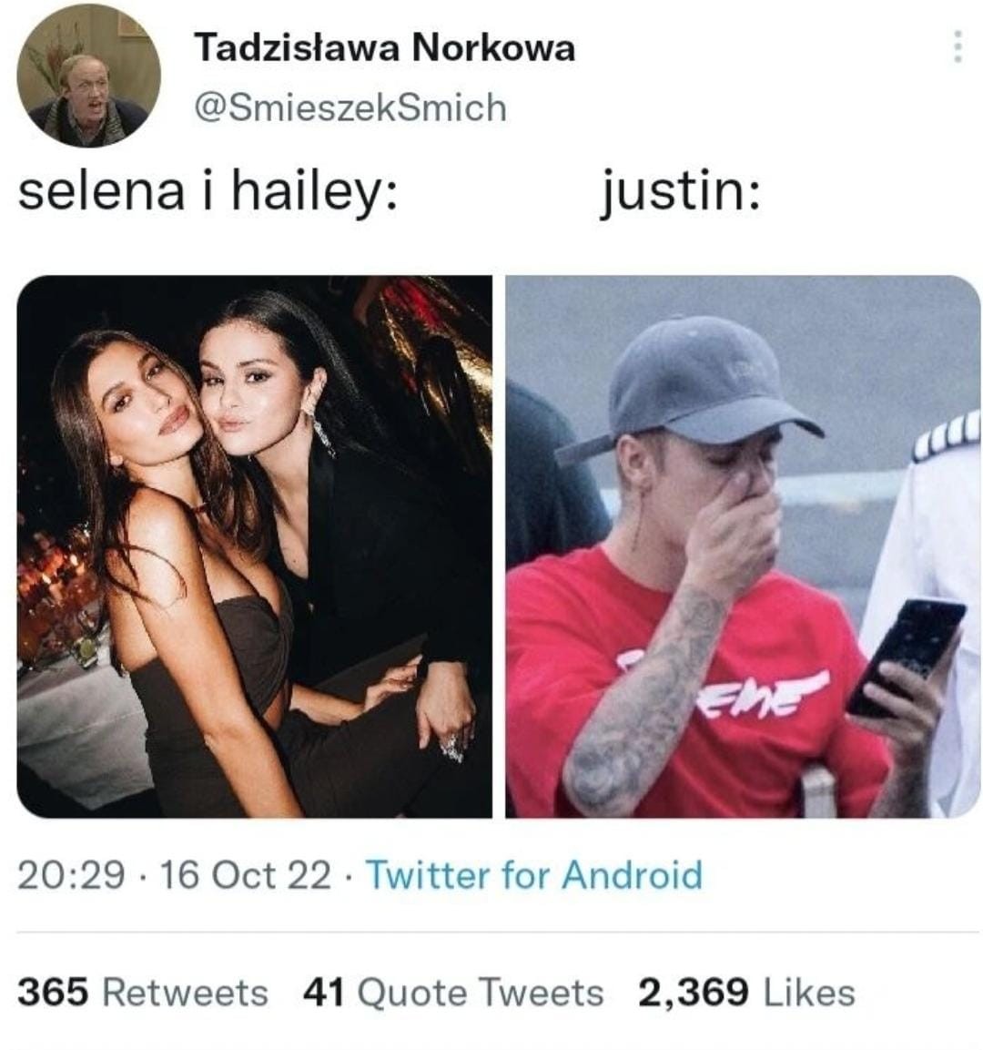 Meme sobre fotos de Selena Gomez e Hailey Bieber (Foto: Reprodução do Instagram)