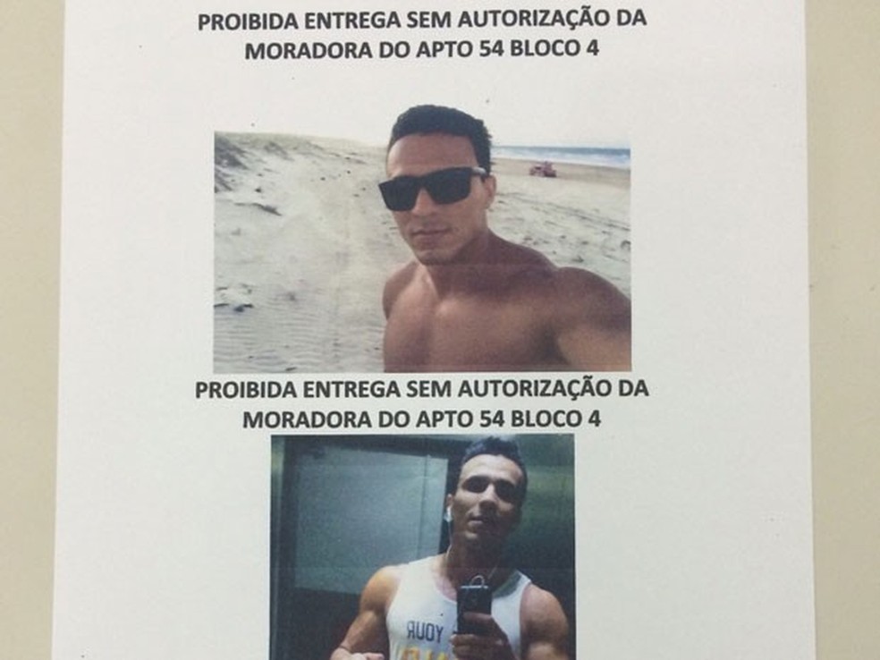 Folha com duas fotos de Anderson que a vítima deixou na portaria do prédio indicando que ele estava proibido de entrar no local  (Foto: Reprodução: Glauco Araújo/G1)