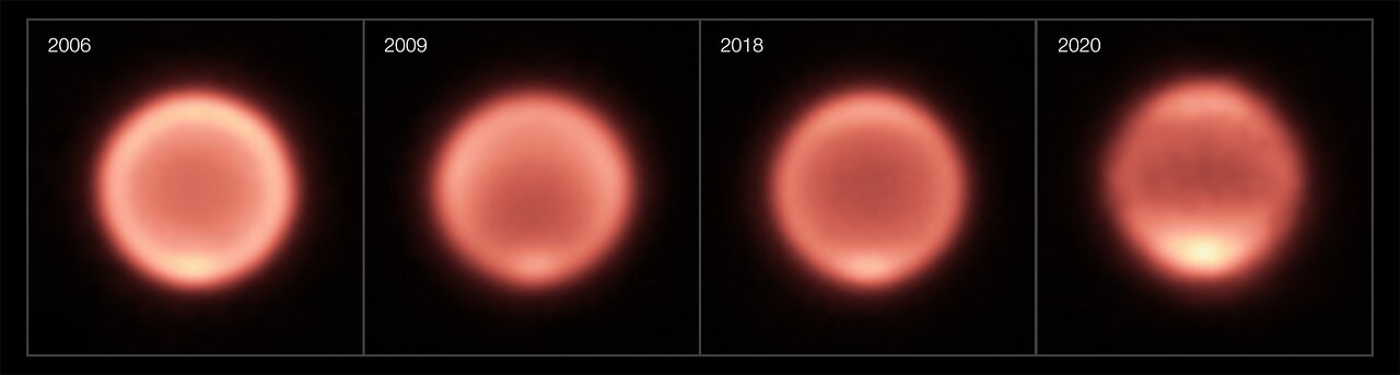 Esta composição mostra imagens térmicas de Netuno tiradas entre 2006 e 2020. Após o resfriamento gradual do planeta, o polo sul parece ter se tornado dramaticamente mais quente nos últimos anos, como mostrado por um ponto brilhante na parte inferior de Netuno nas imagens de 2018 e 2020. (Foto: ESO/M. Roman, NAOJ/Subaru/COMICS)