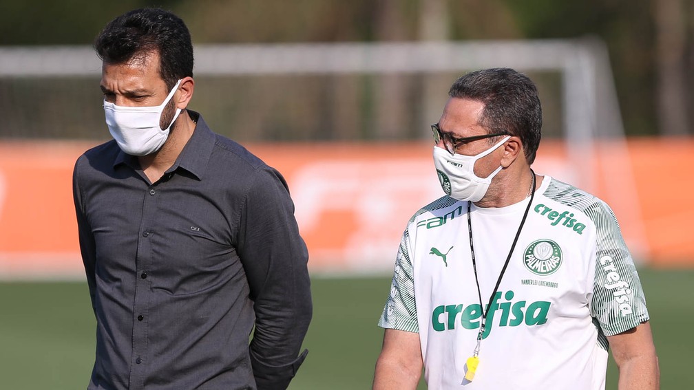 Vanderlei Luxemburgo e Edu Dracena na Academia do Palmeiras — Foto: Cesar Greco / Ag. Palmeiras